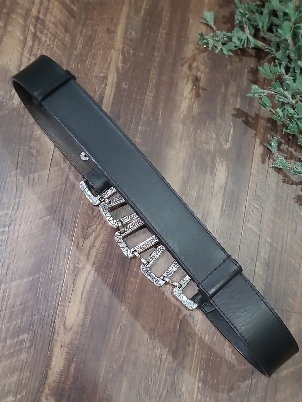 Black Leather Women's Belt with Silver Buckle Accents Large/XL